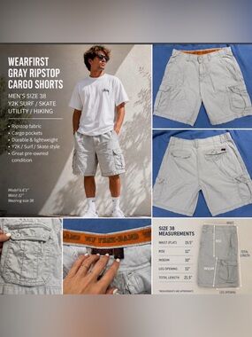 Wear First Gray Ripstop Cargo Shorts Mens 38 Utility Y2K Skate Surf Hiking